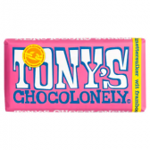 Tony's Chocolonely 28% white chocolate raspberry tablet with crackling sugar